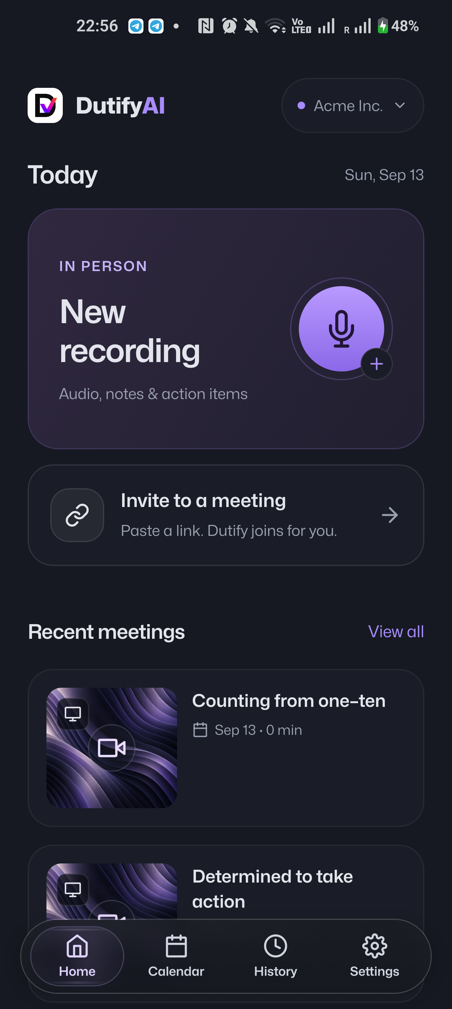 Dutify mobile app running on an Android phone, with New recording and Invite to a meeting options.