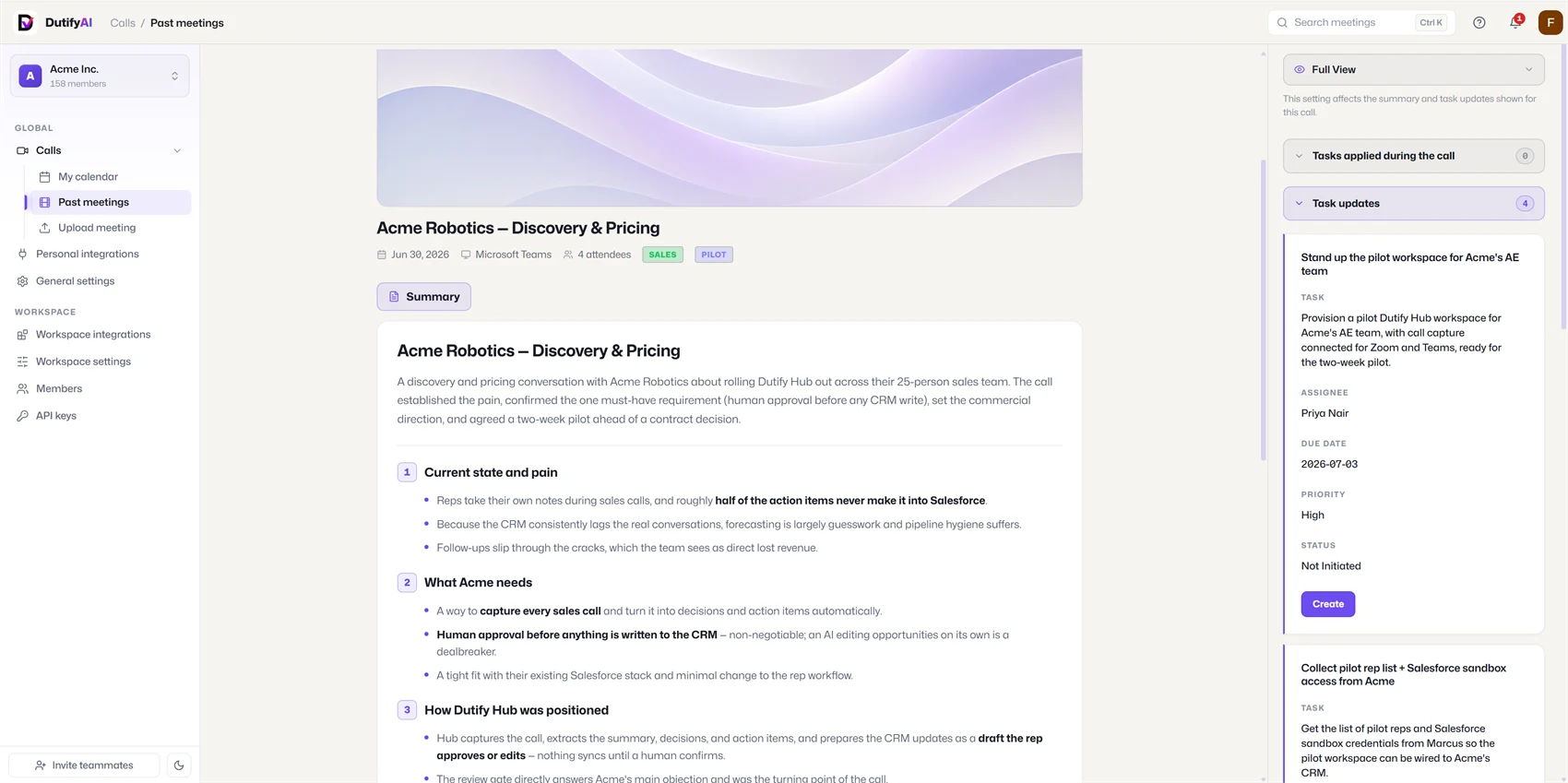 Dutify Hub meeting summary with decisions and action items
